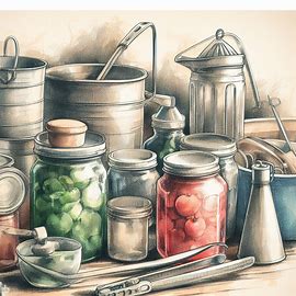 Watercolor sketch of canning equipment