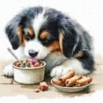 Watercolor picture of a puppy eating