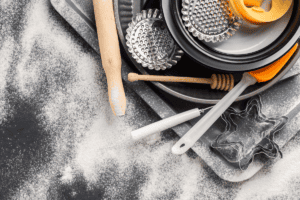 a baking utensils and tools on a tray