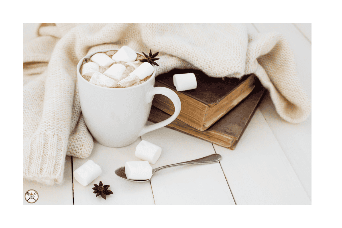a cup of hot chocolate with marshmallows and a book