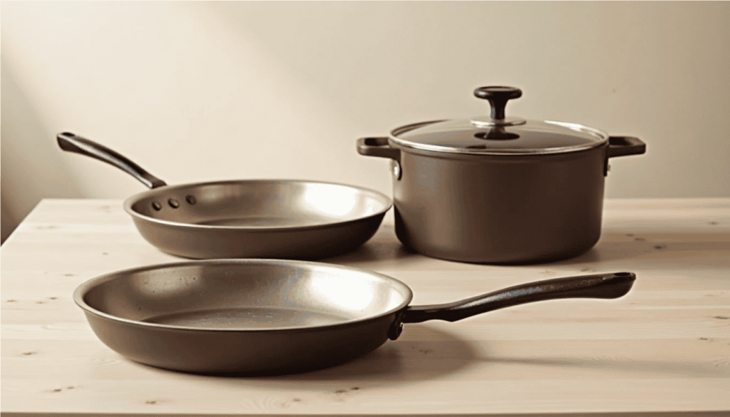 a group of pots and pans on a table