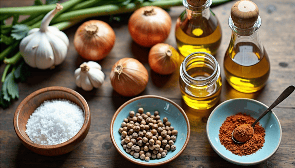 a group of bowls of spices and oil on a table