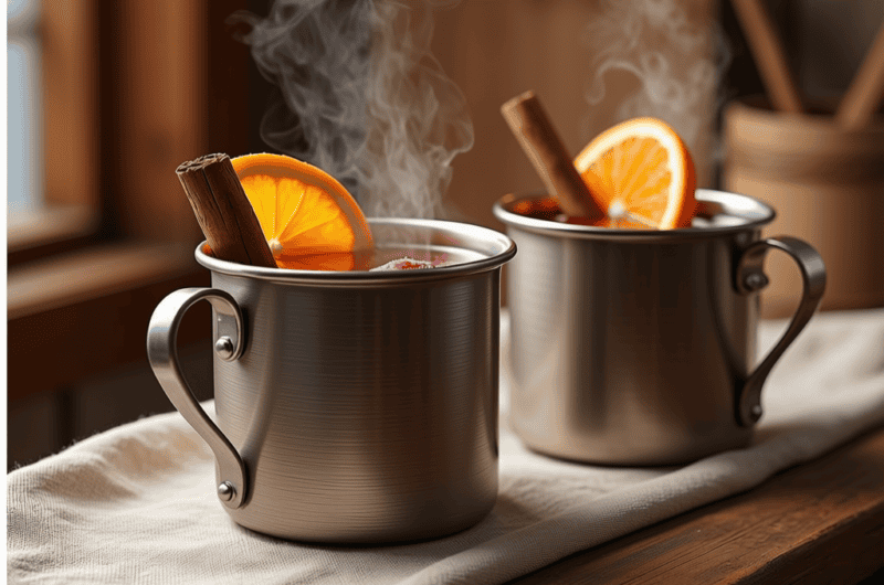 Two tin mugs of spiced cranberry apple cider, garnished with a cinnamon stick and an orange slice, steaming on a wooden table.