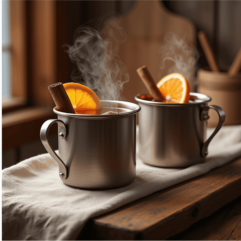 Two tin mugs of spiced cranberry apple cider, garnished with a cinnamon stick and an orange slice, steaming on a wooden table.